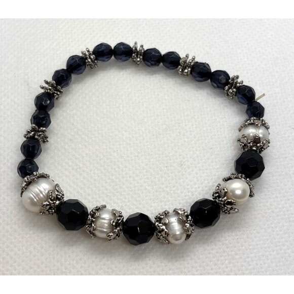 Handmade Black Beaded Pearl Silver Tone Stretch Bracelet 7'' Boho‎ Whimsigoth - Picture 1 of 5